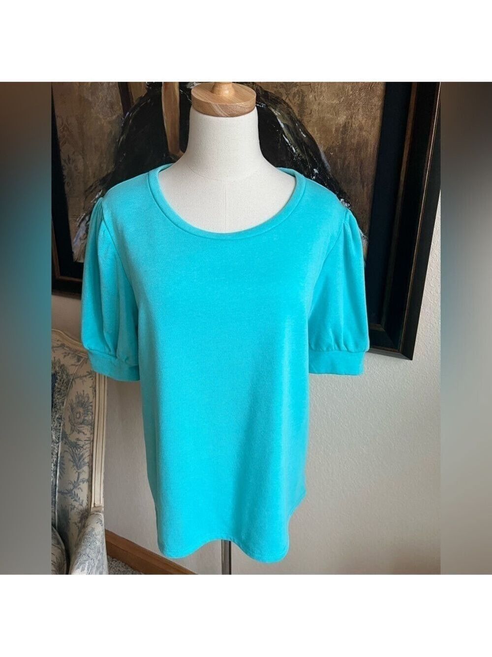 Adyson Parker Turquoise Puff Short Sleeve Fleece lined Top Sz L